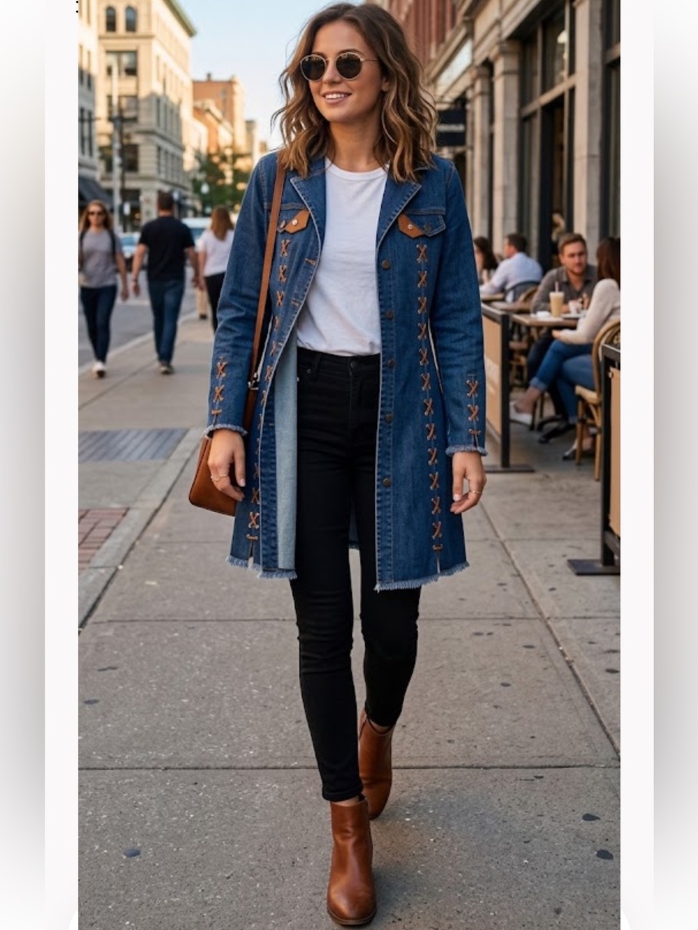 Women’s Dark Blue Denim Lace-Up Long Jean Jacket with Tan Accents